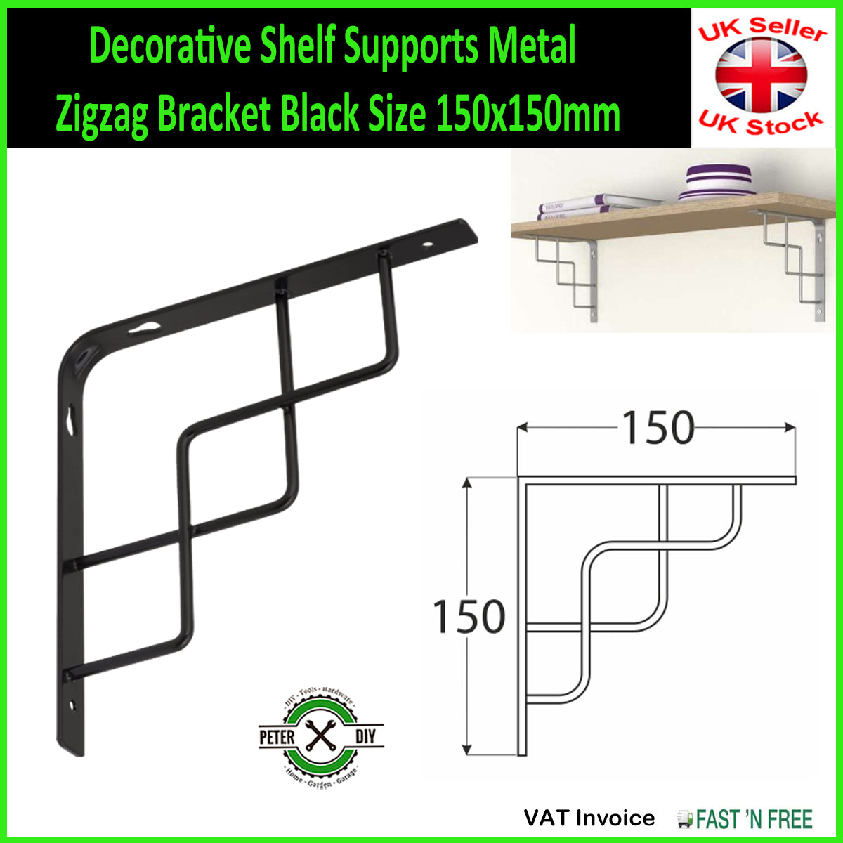 Decorative Shelf Supports Metal Zigzag Bracket Black 2 Sizes