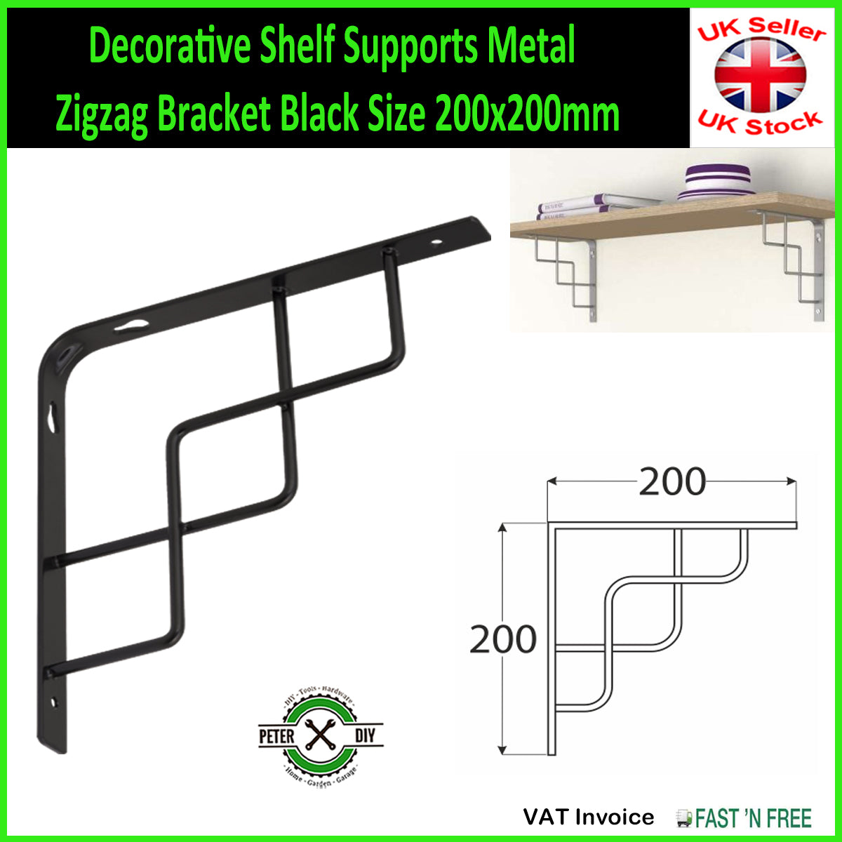 Decorative Shelf Supports Metal Zigzag Bracket Black 2 Sizes