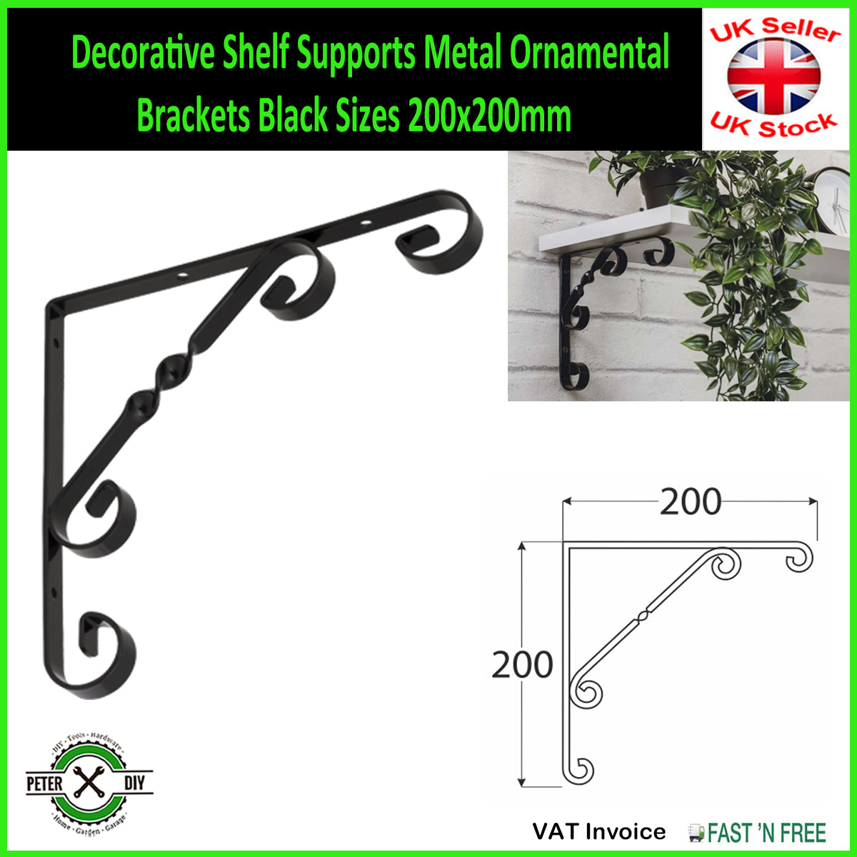 Decorative Shelf Supports Metal Ornamental Brackets Black 3 Sizes