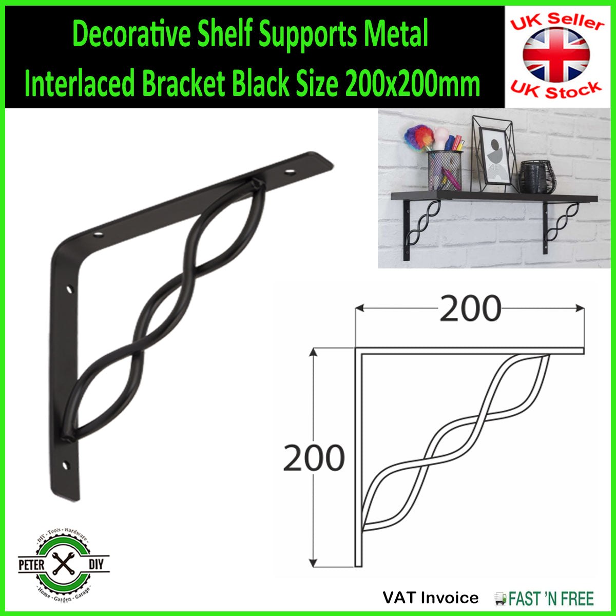 Decorative Shelf Supports Metal Interlaced Bracket Black 2 Sizes