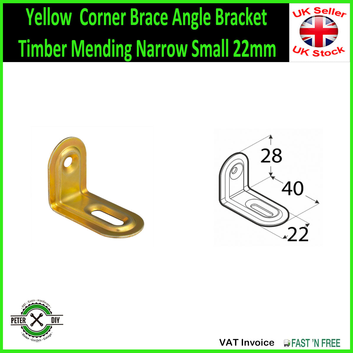 Yellow Corner Brace Angle Bracket Timber Mending Narrow Small 22mm 40 x28mm Width: 22mm Thickness: 1 mm