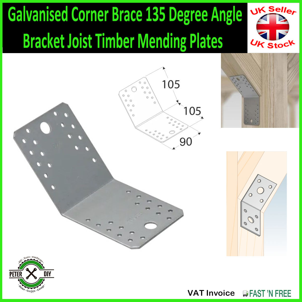 Galvanised Corner Brace 135 Degree Angle Bracket Joist Timber Mending Plates