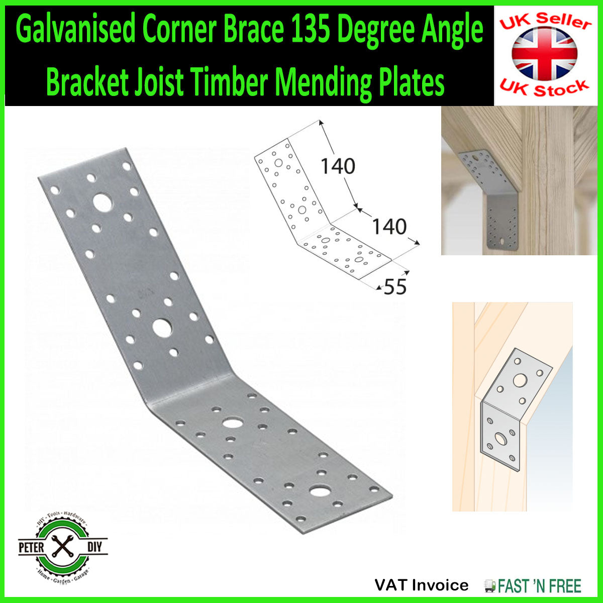 Galvanised Corner Brace 135 Degree Angle Bracket Joist Timber Mending Plates