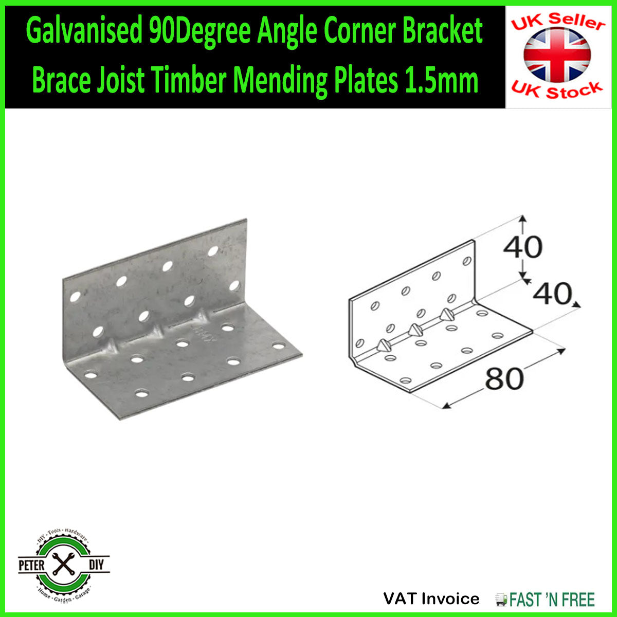 Galvanised 90Degree Angle Corner Bracket Brace Joist Timber Mending Plates 1.5mm