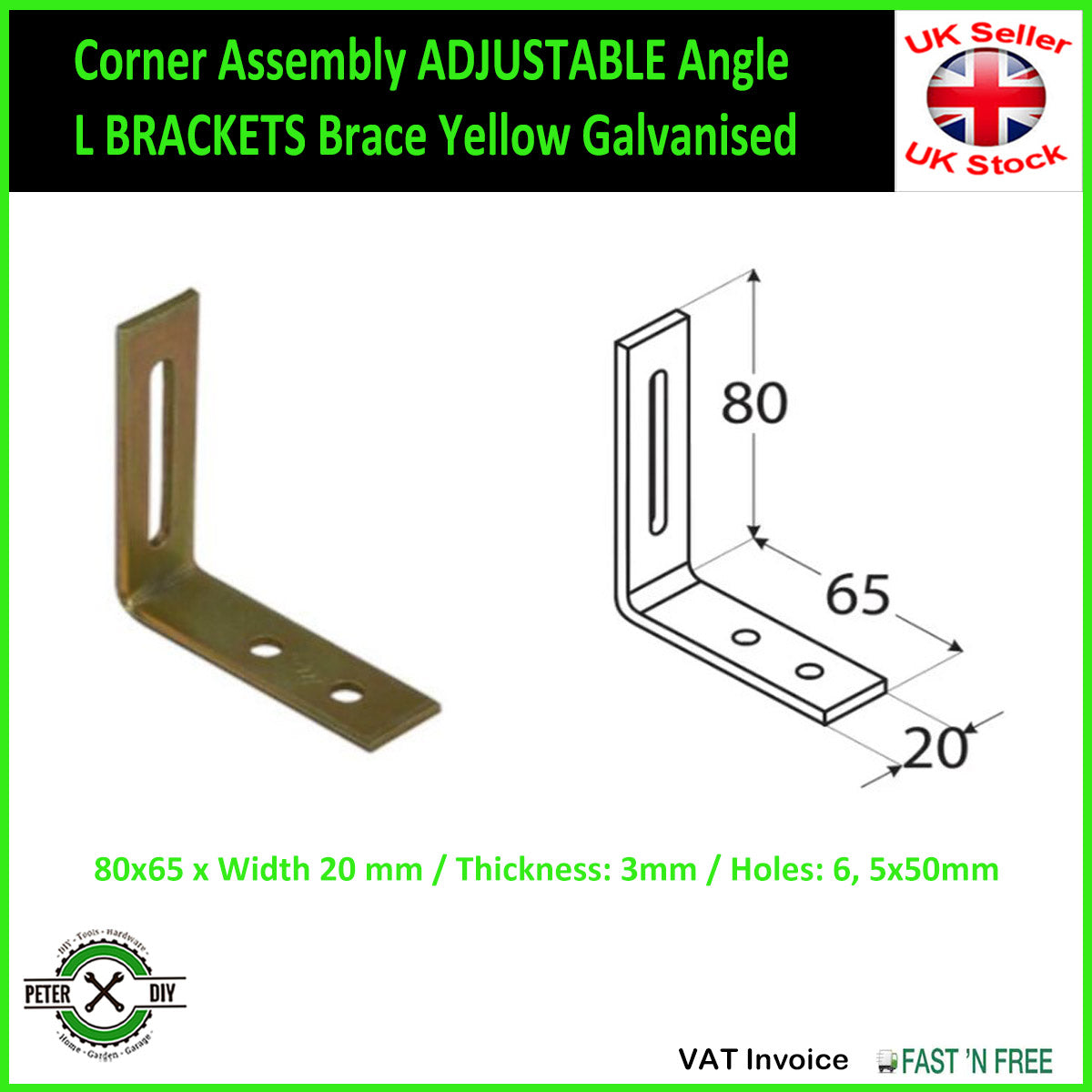 Corner Assembly ADJUSTABLE Angle L BRACKETS Brace YellowSilver Galvanised 4 Sizes