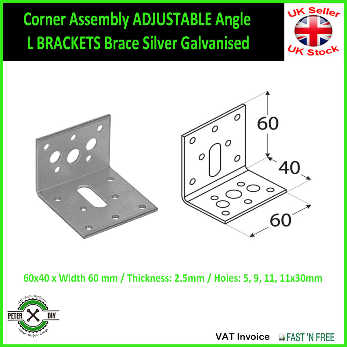 Corner Assembly ADJUSTABLE Angle L BRACKETS Brace YellowSilver Galvanised 4 Sizes