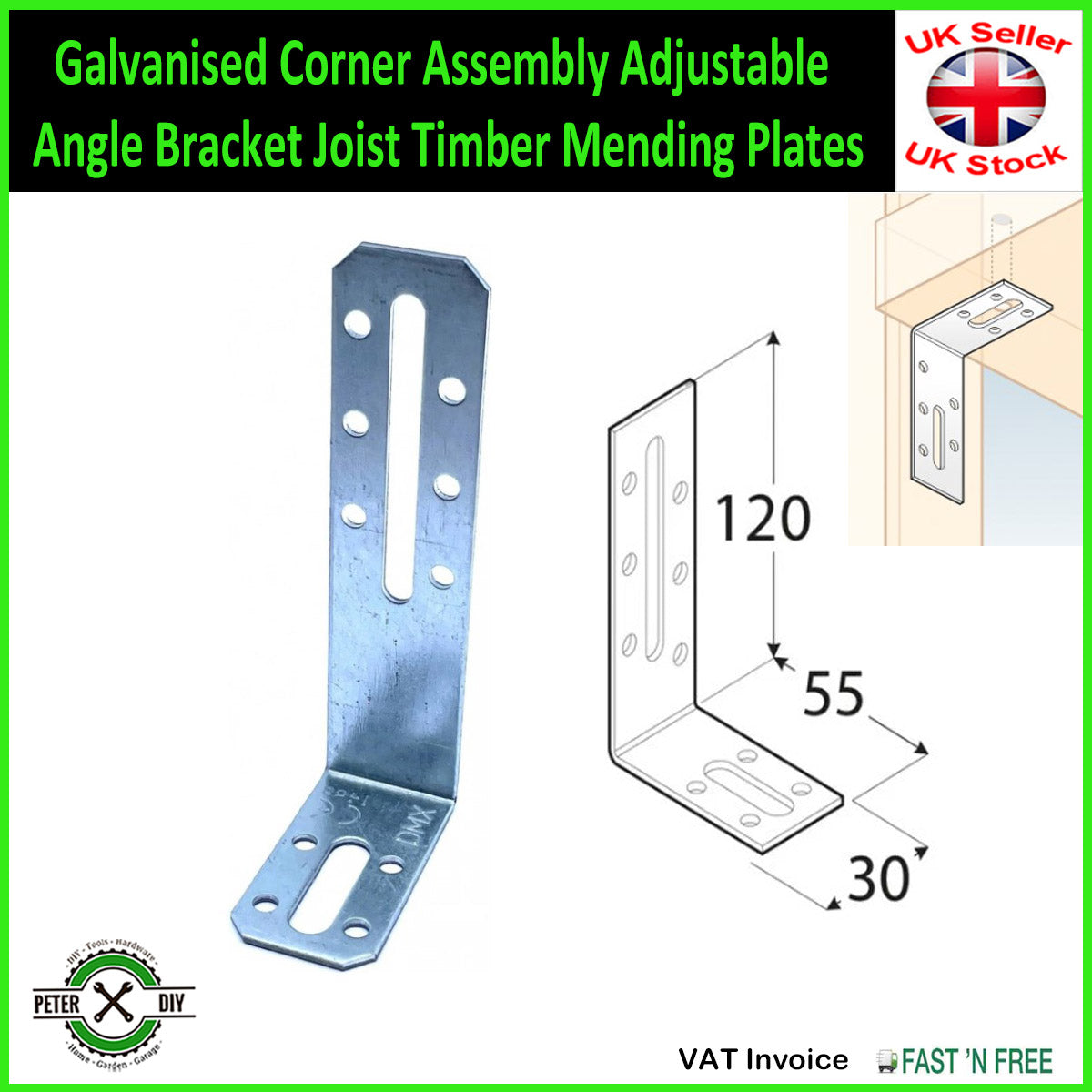 Galvanised Corner Assembly Adjustable Angle Bracket Joist Timber Mending Plates