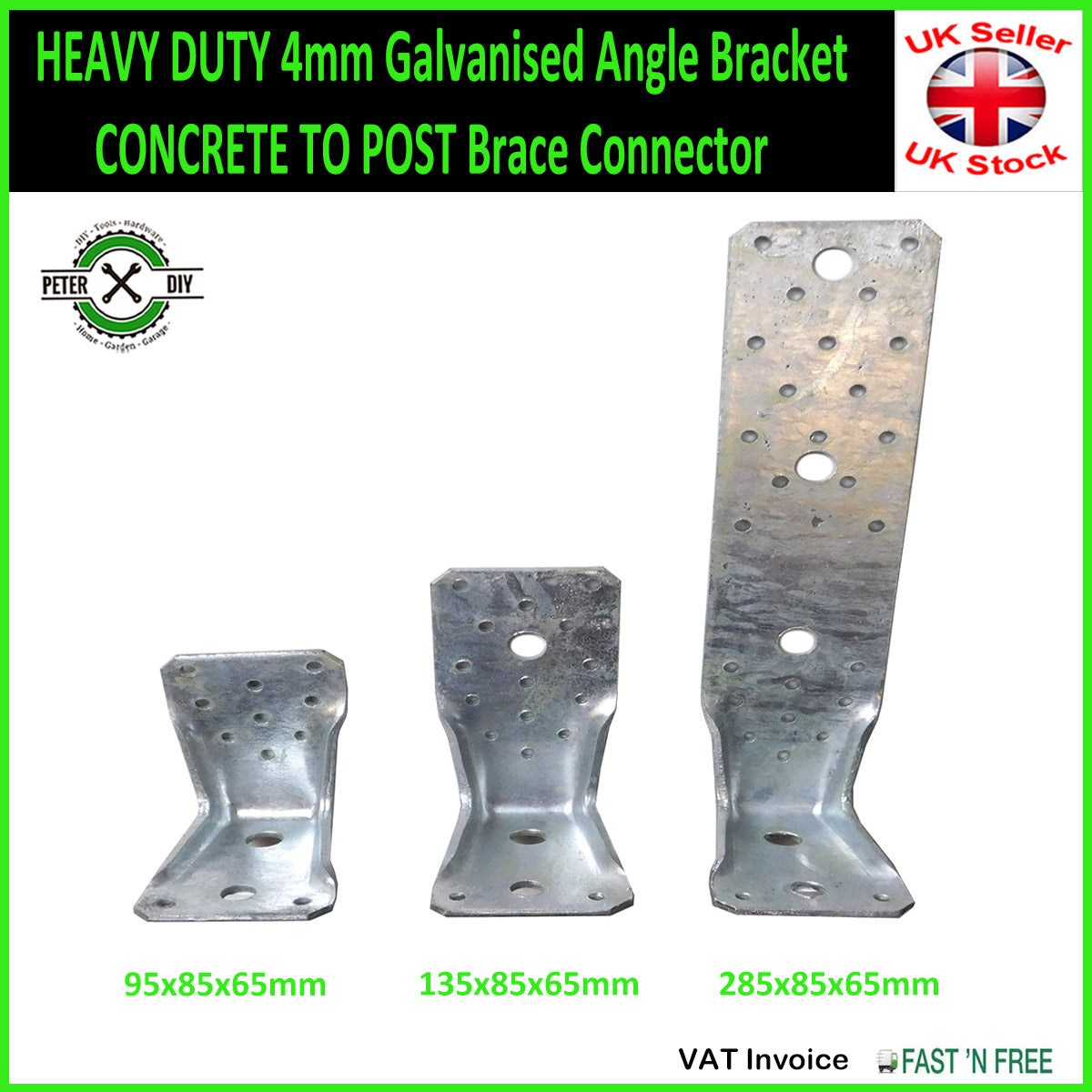 HEAVY DUTY 4mm Galvanised Angle Bracket CONCRETE TO POST Brace Connector