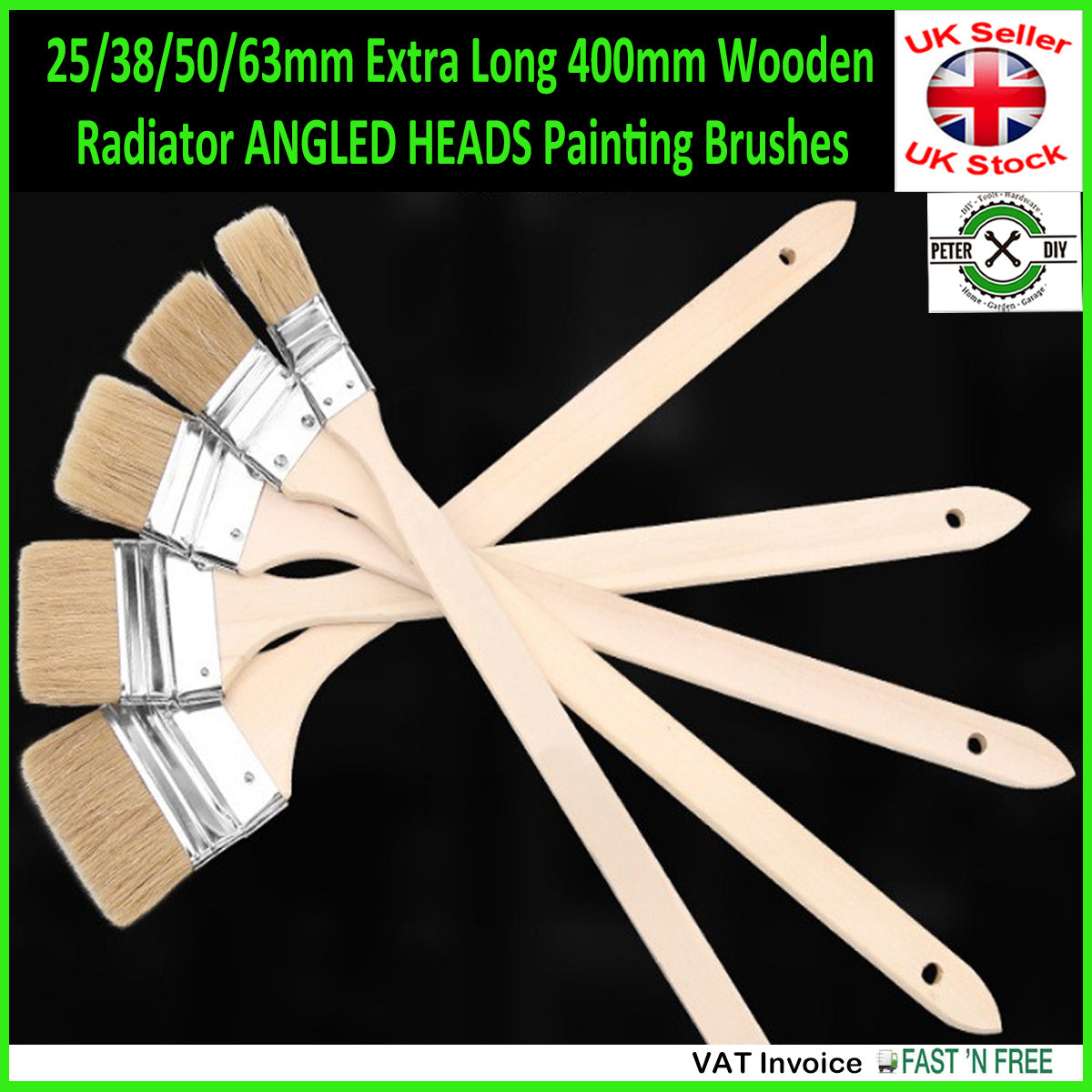 25/38/50/63mm Extra Long 400mm Wooden Radiator ANGLED HEADS Painting Brushes