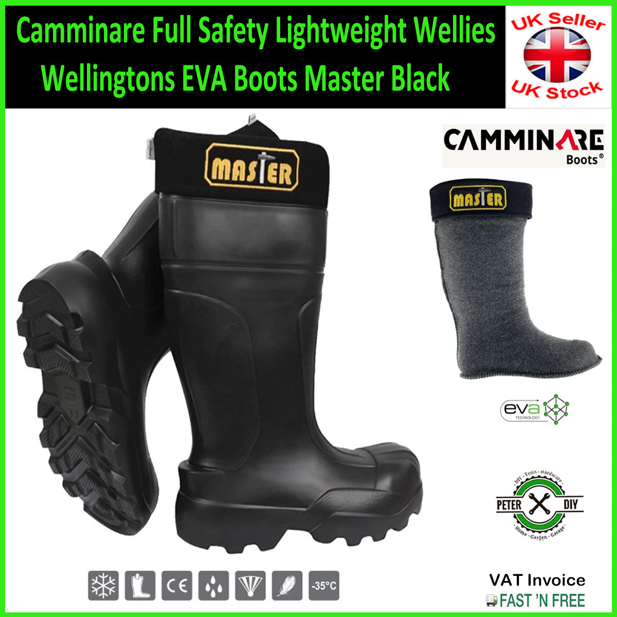 Camminare Full Safety Lightweight Wellies Wellingtons EVA Boots Master Black
