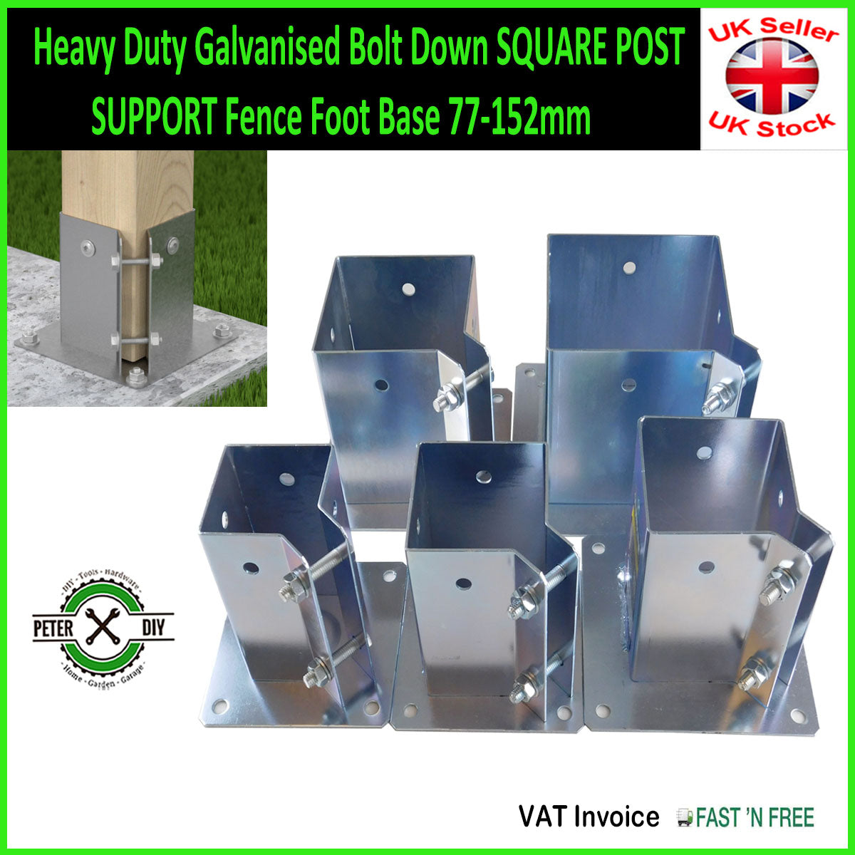 Heavy Duty Galvanised Bolt Down SQUARE POST SUPPORT Fence Foot Base 77-152mm