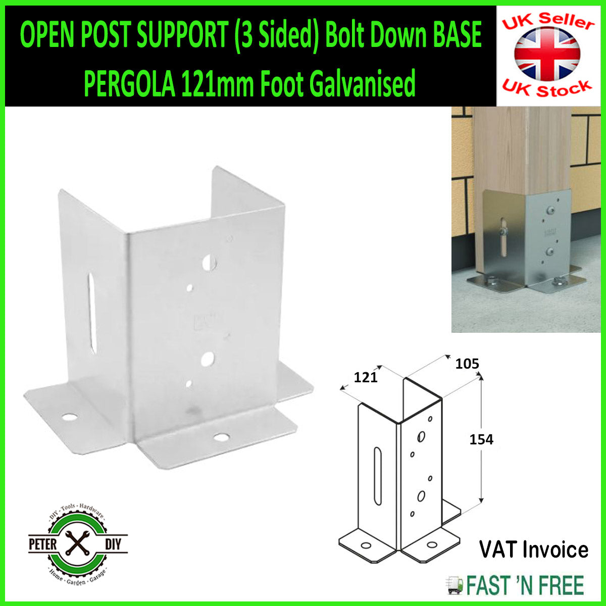 OPEN POST SUPPORT (3 Sided) Bolt Down BASE PERGOLA 46 to 150 mm Foot Galvanised