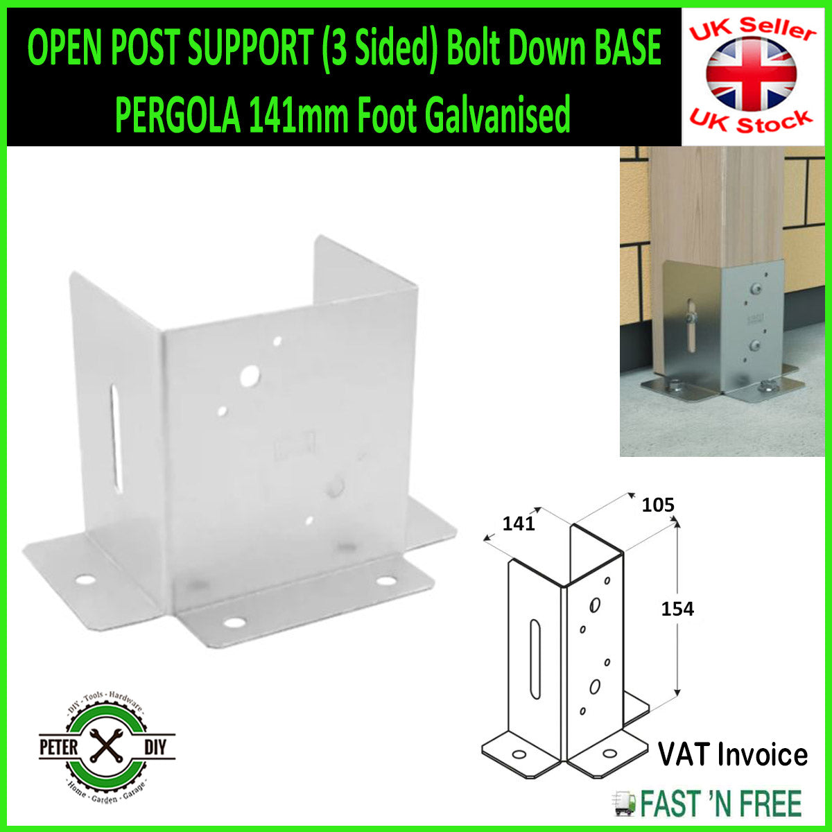 OPEN POST SUPPORT (3 Sided) Bolt Down BASE PERGOLA 46 to 150 mm Foot Galvanised