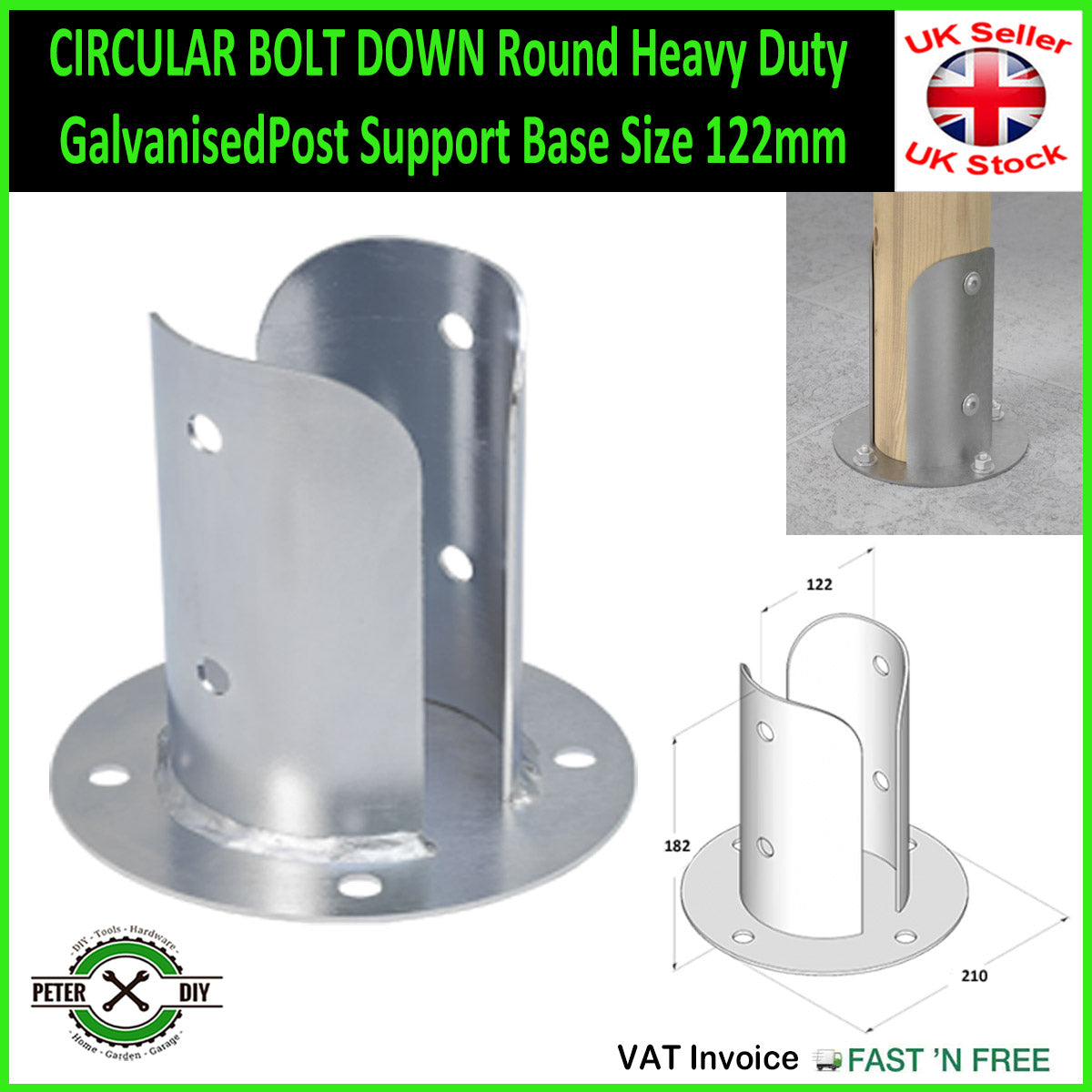 CIRCULAR BOLT DOWN Round Heavy Duty Galvanised Post Support Base Size 82-122mm
