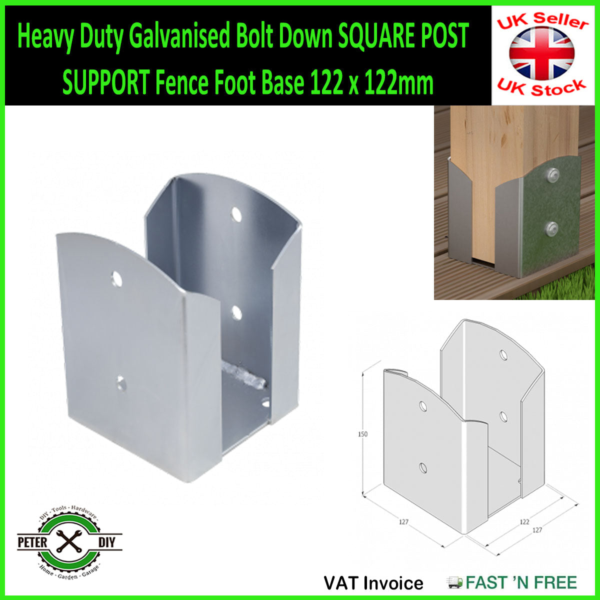 Heavy Duty Galvanised Bolt Down SQUARE POST SUPPORT Fence Foot Base 92-202mm