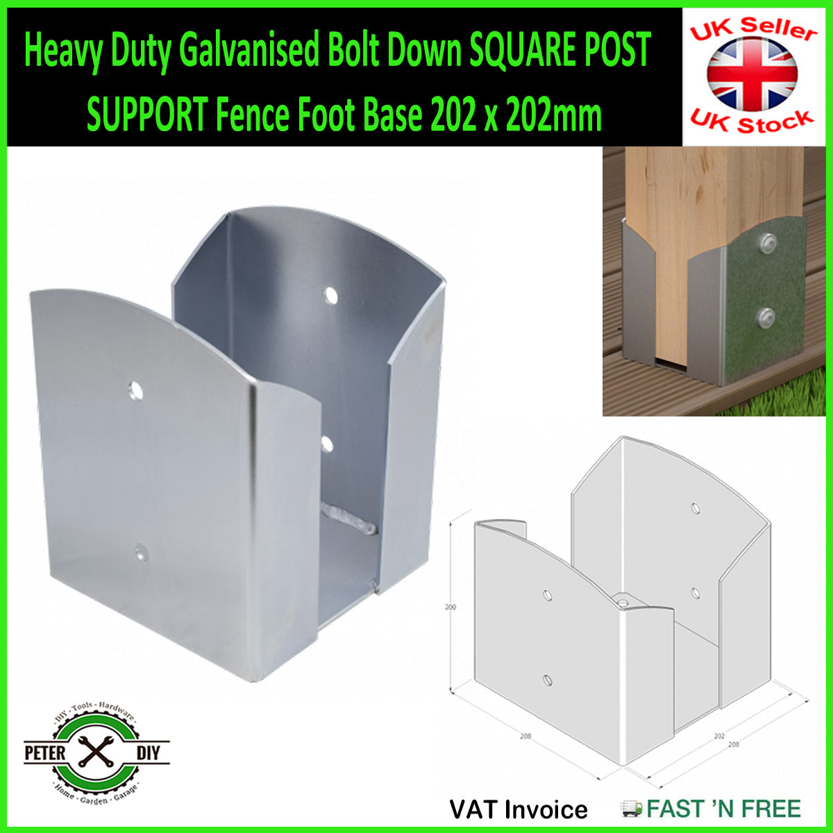Heavy Duty Galvanised Bolt Down SQUARE POST SUPPORT Fence Foot Base 92-202mm