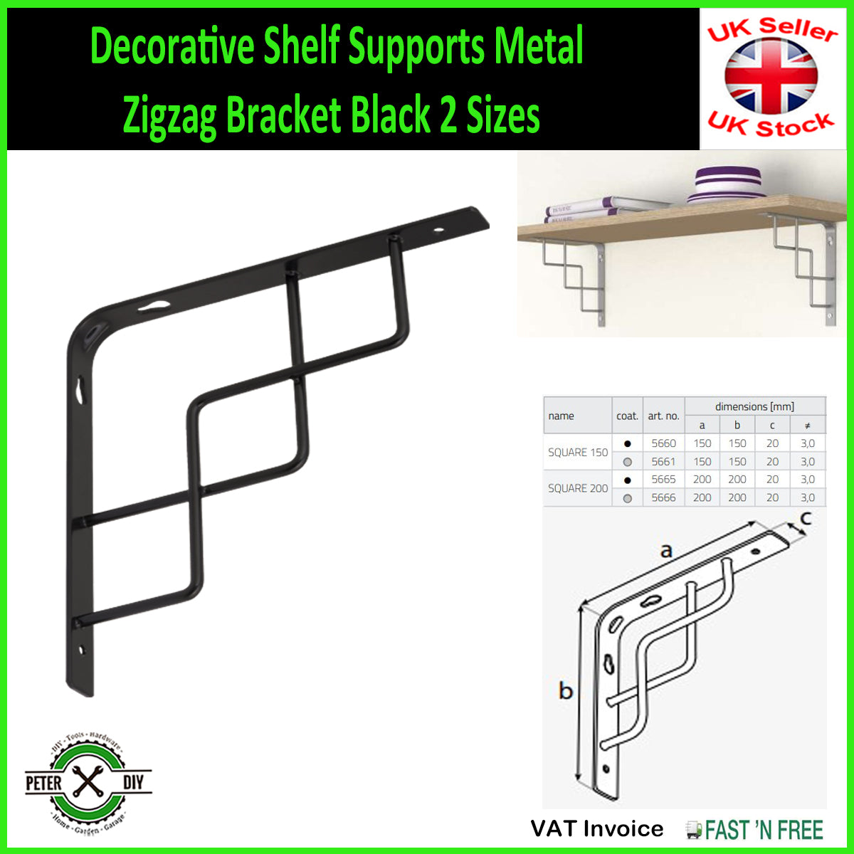 Decorative Shelf Supports Metal Zigzag Bracket Black 2 Sizes