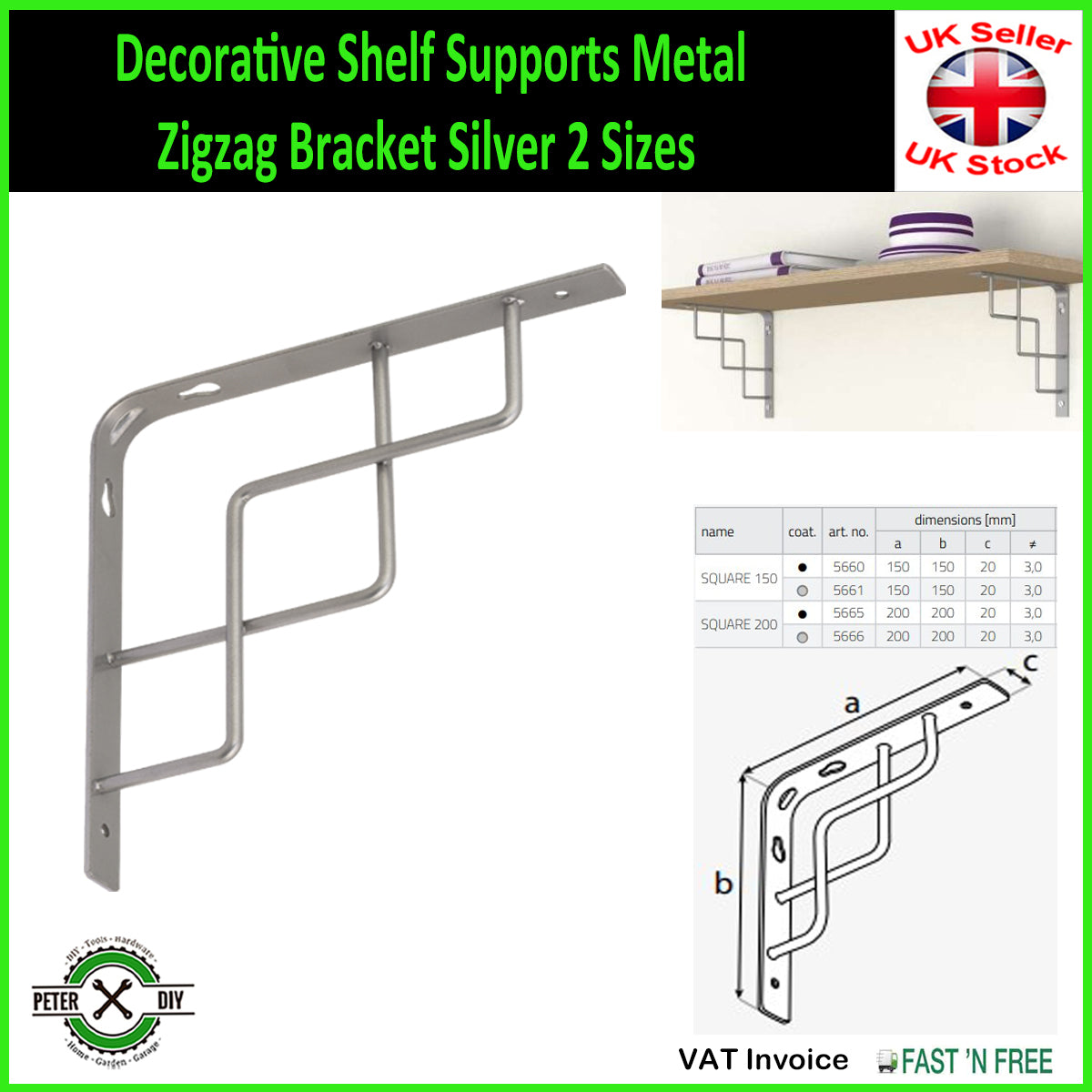 Decorative Shelf Supports Metal Zigzag Bracket Silver 2 Sizes