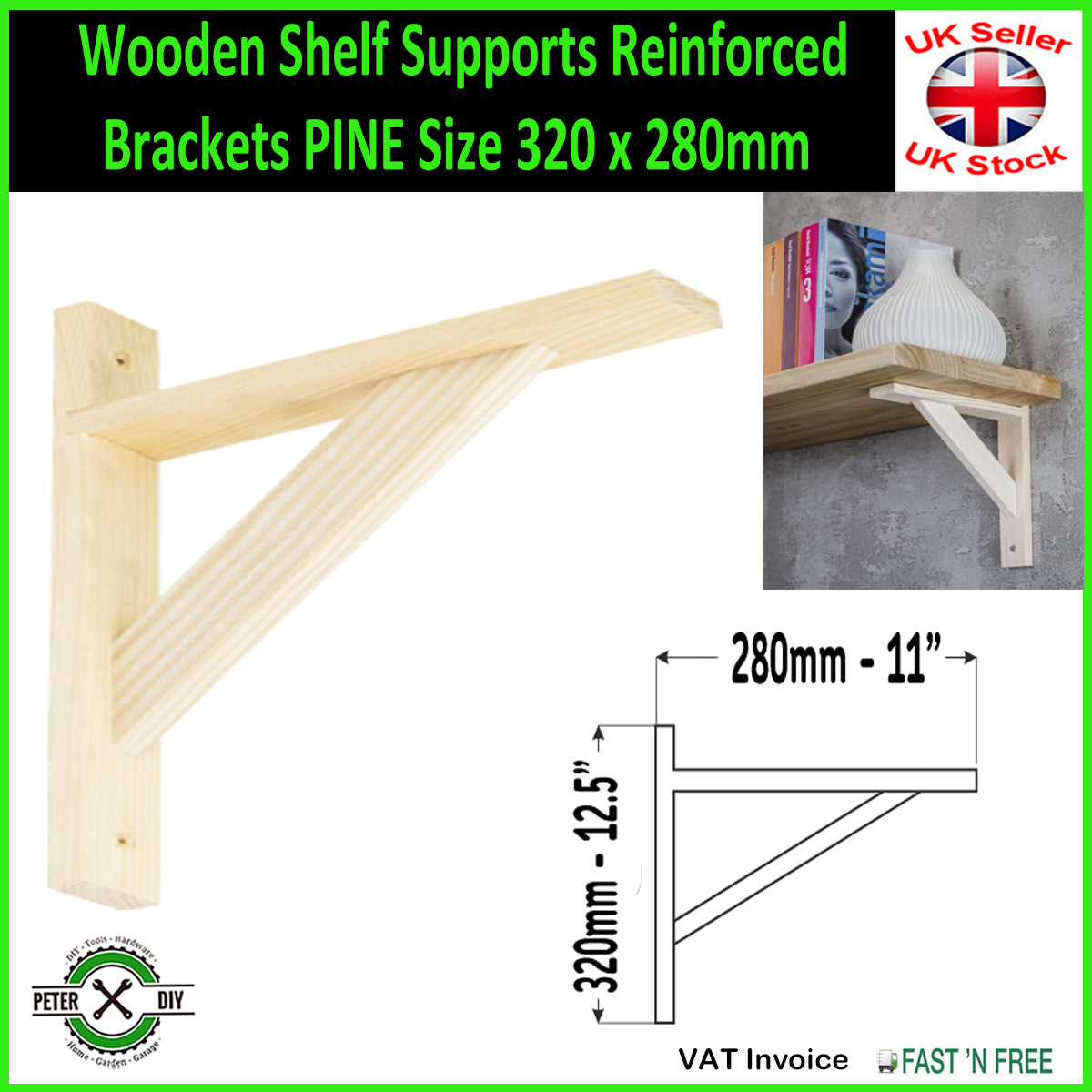 Wooden Shelf Supports Reinforced Brackets PINE 3 Sizes