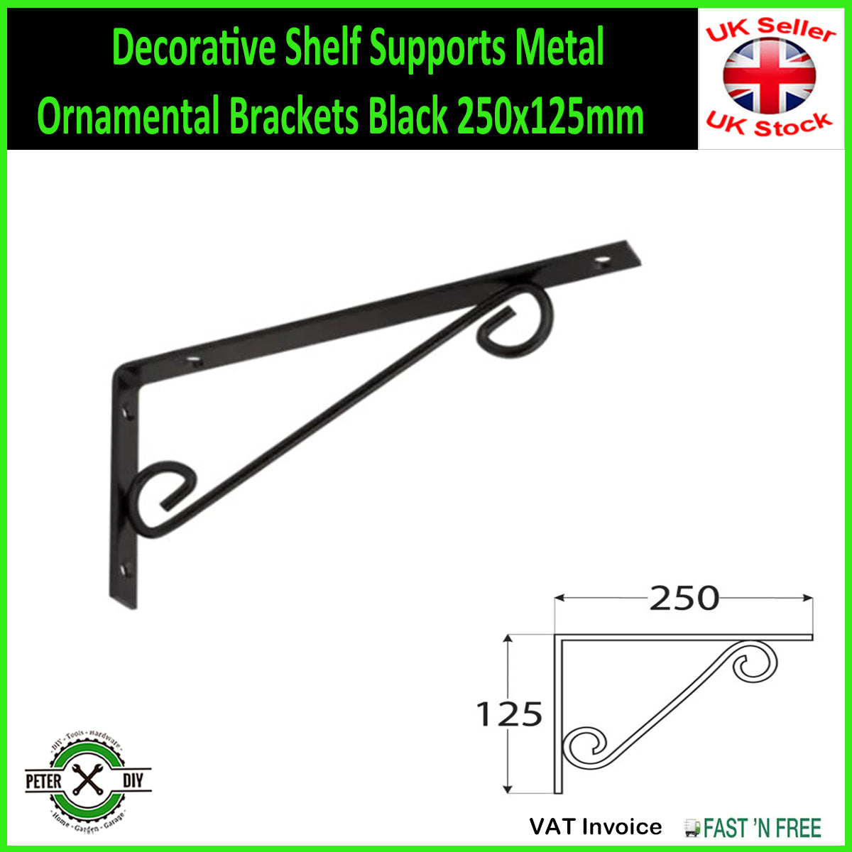 Decorative Shelf Supports Metal Ornamental Brackets Black 3 Sizes 100-200mm