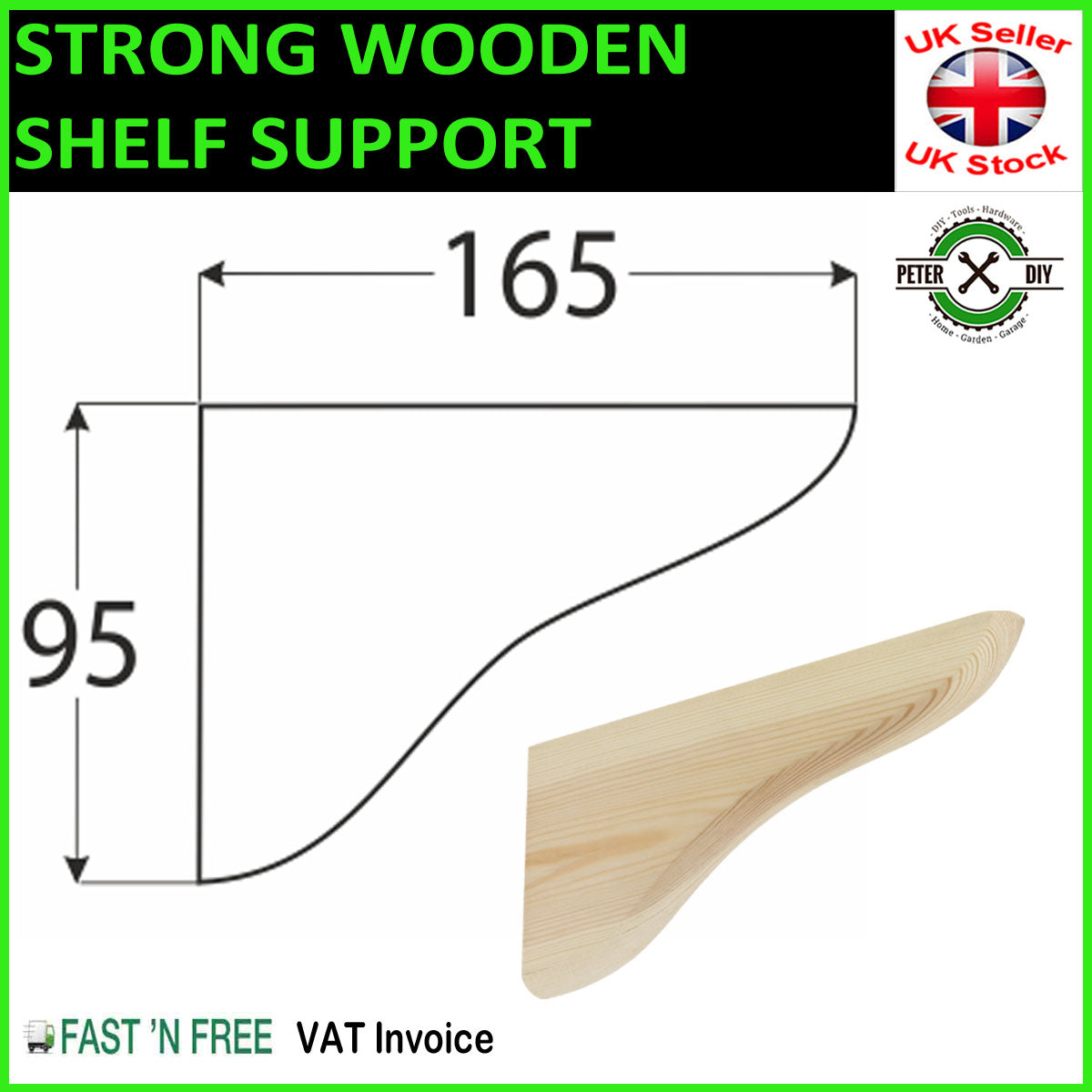 WOODEN Shelf Supports BRACKETS 20mm Pine 2 Sizes 165x95mm or 215x120mm
