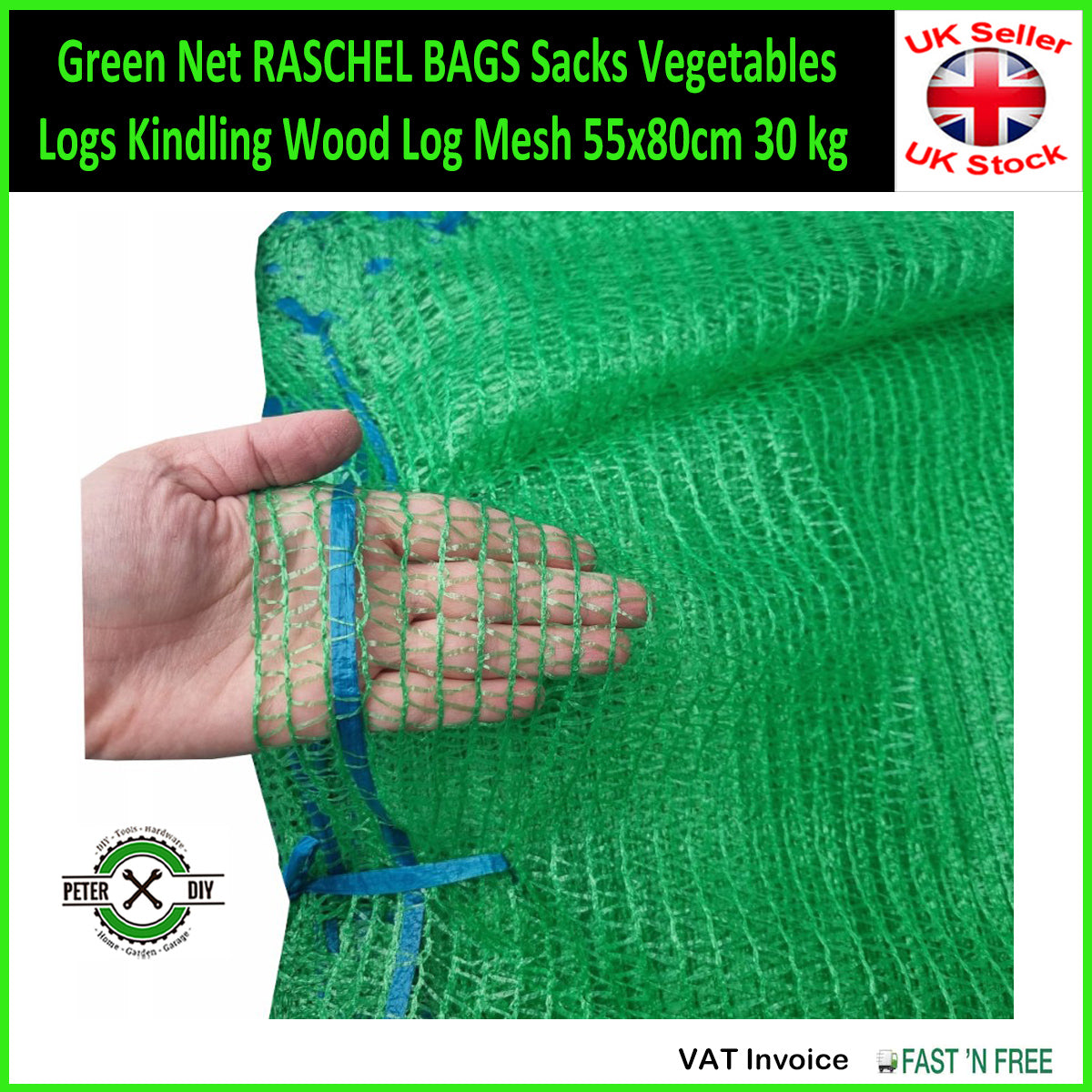 Green Net Raschel Bags Sacks Vegetables Logs Kindling Wood Log Mesh 55x80cm Up to 30kg