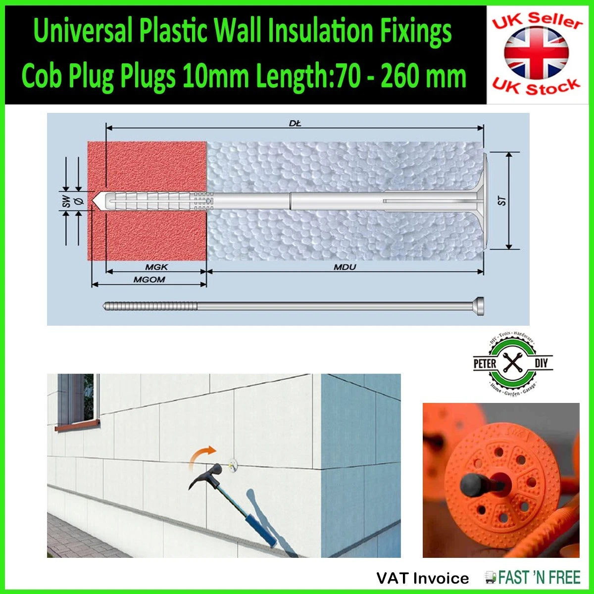 Universal Plastic Wall Insulation Fixings Cob Plug Plugs 10mm Length: 70-260mm