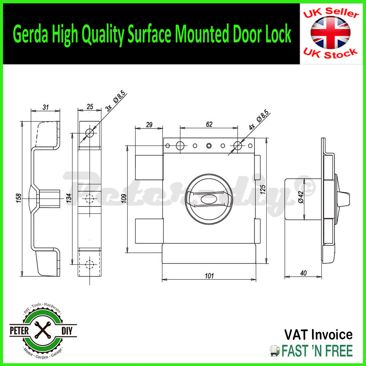 Gerda High Quality Surface Mounted Door Lock Home Office Shop 4 Keys ZX Deadlock