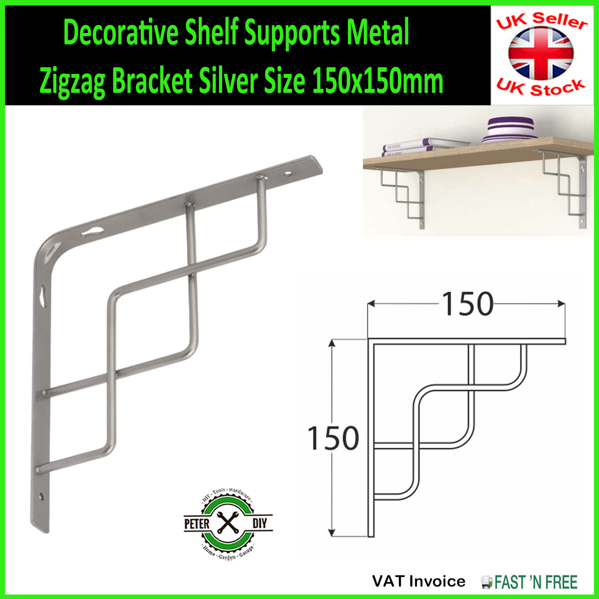 Decorative Shelf Supports Metal Zigzag Bracket Silver 2 Sizes