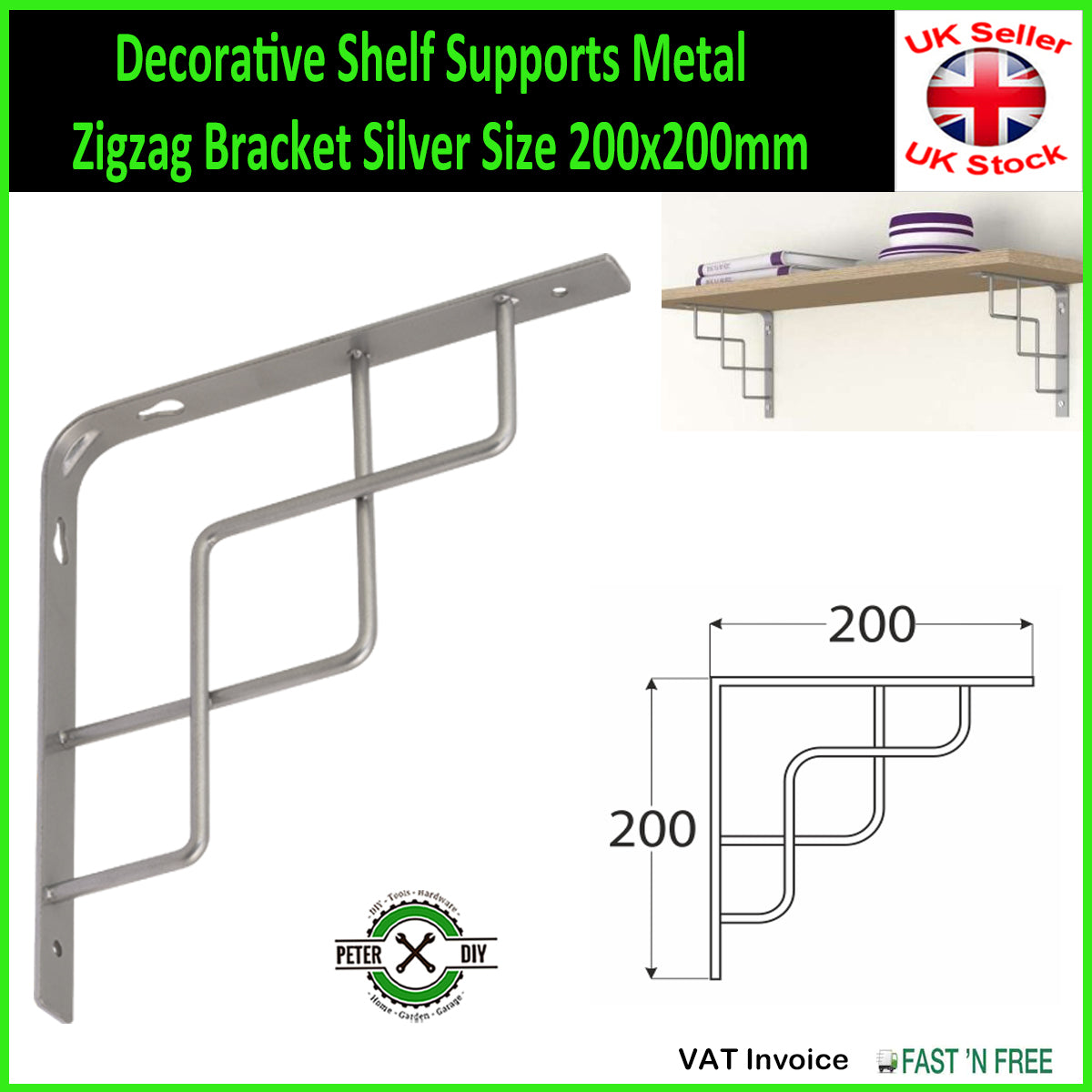 Decorative Shelf Supports Metal Zigzag Bracket Silver 2 Sizes