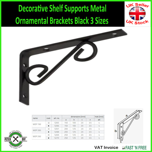 Decorative Shelf Supports Metal Ornamental Brackets Black 3 Sizes 100-200mm