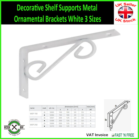 Decorative Shelf Supports Metal Ornamental Brackets White 3 Sizes 100-200mm