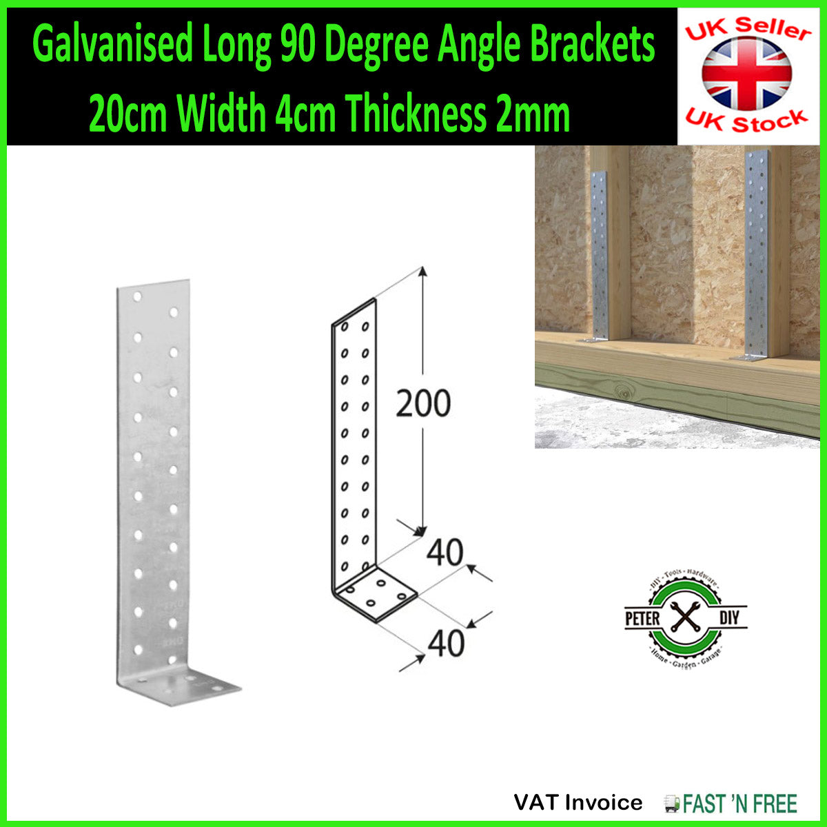 Galvanised Long 90 Degree Angle Brackets 20, 30 or 40cm Width 4cm Thickness 2mm