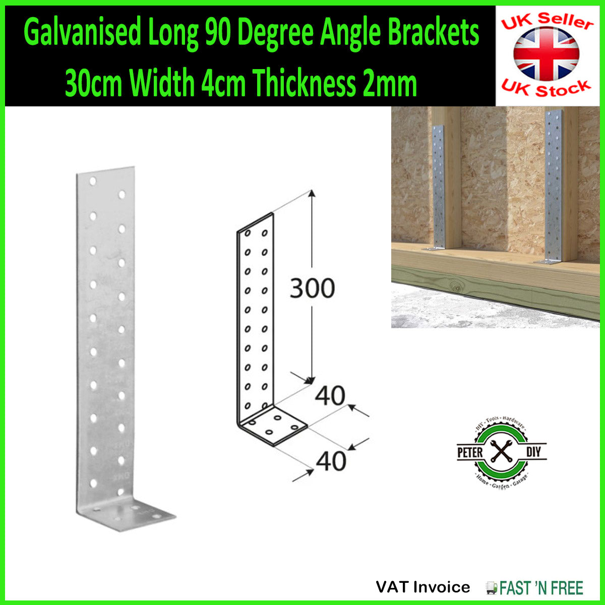 Galvanised Long 90 Degree Angle Brackets 20, 30 or 40cm Width 4cm Thickness 2mm