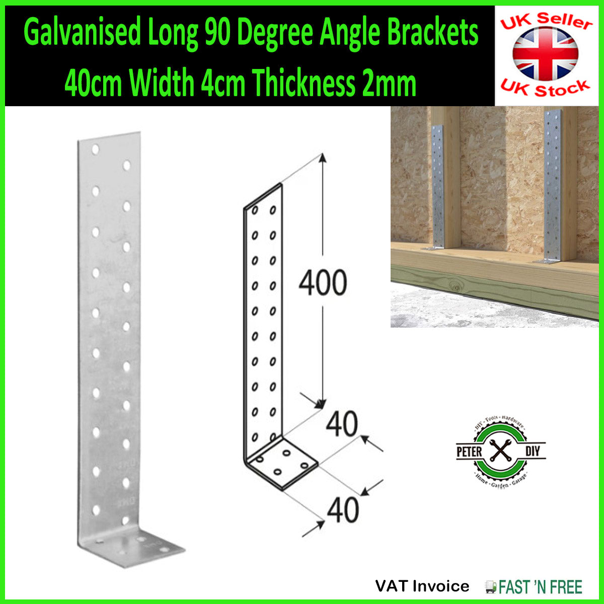 Galvanised Long 90 Degree Angle Brackets 20, 30 or 40cm Width 4cm Thickness 2mm