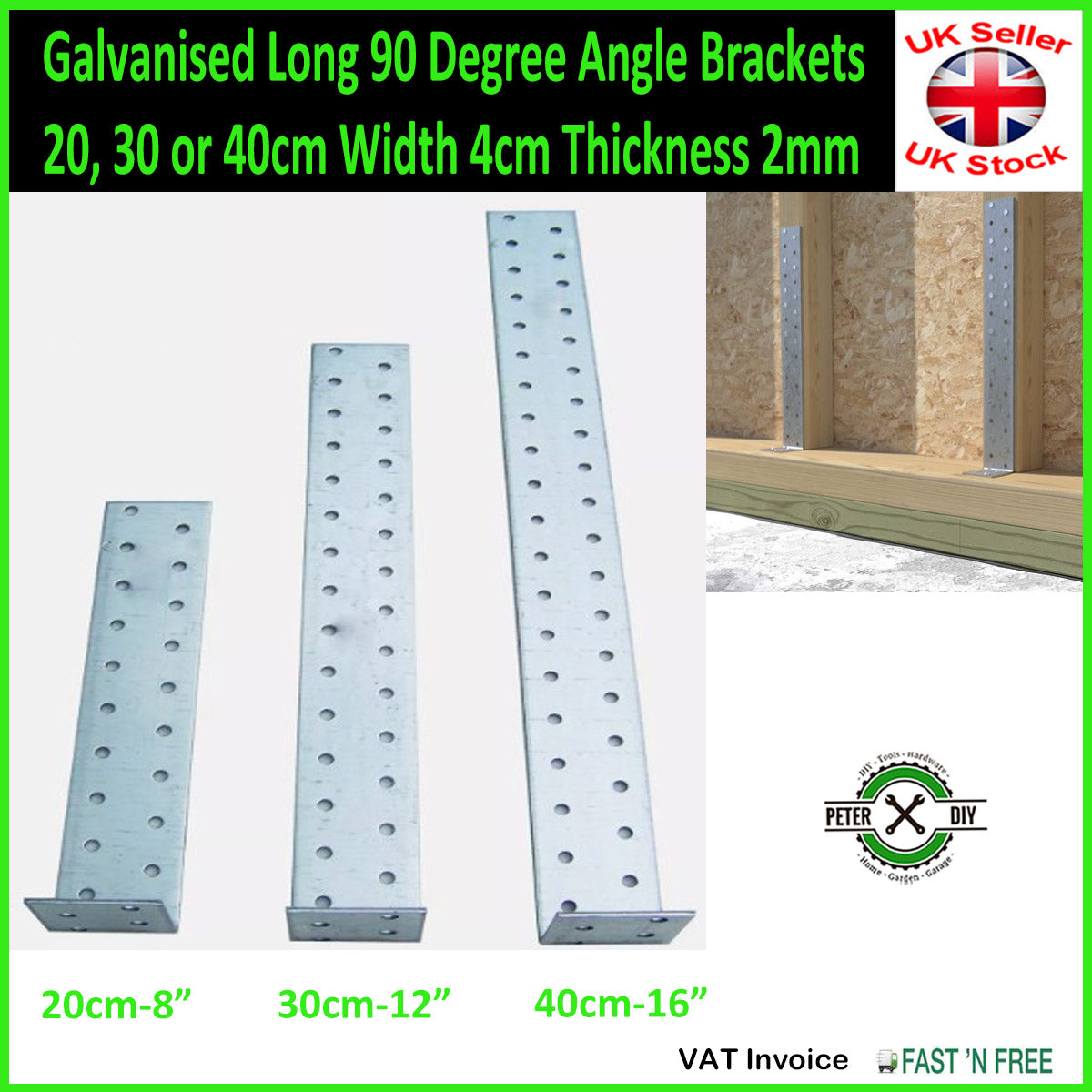 Galvanised Long 90 Degree Angle Brackets 20, 30 or 40cm Width 4cm Thickness 2mm