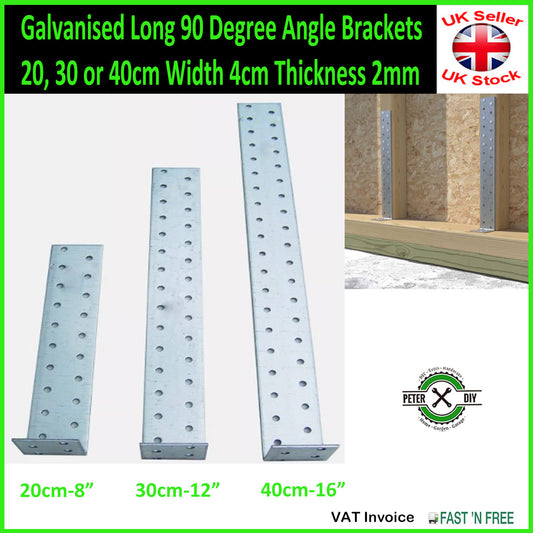 Galvanised Long 90 Degree Angle Brackets 20, 30 or 40cm Width 4cm Thickness 2mm