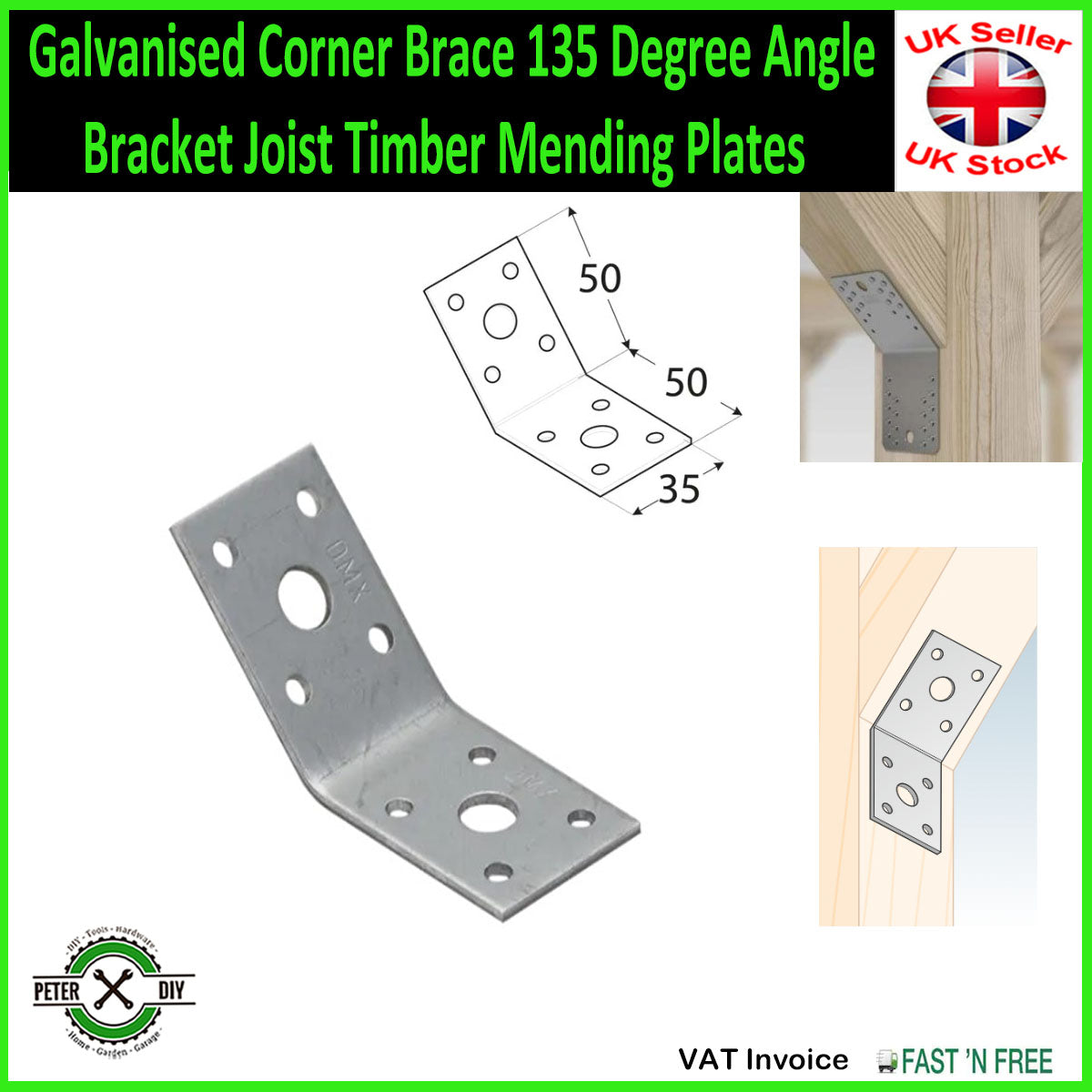 Galvanised Corner Brace 135 Degree Angle Bracket Joist Timber Mending Plates