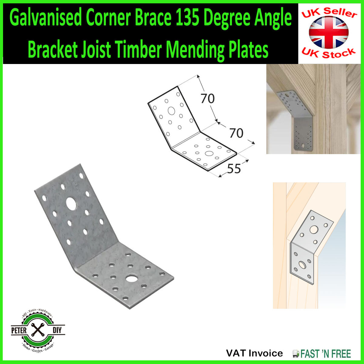 Galvanised Corner Brace 135 Degree Angle Bracket Joist Timber Mending Plates