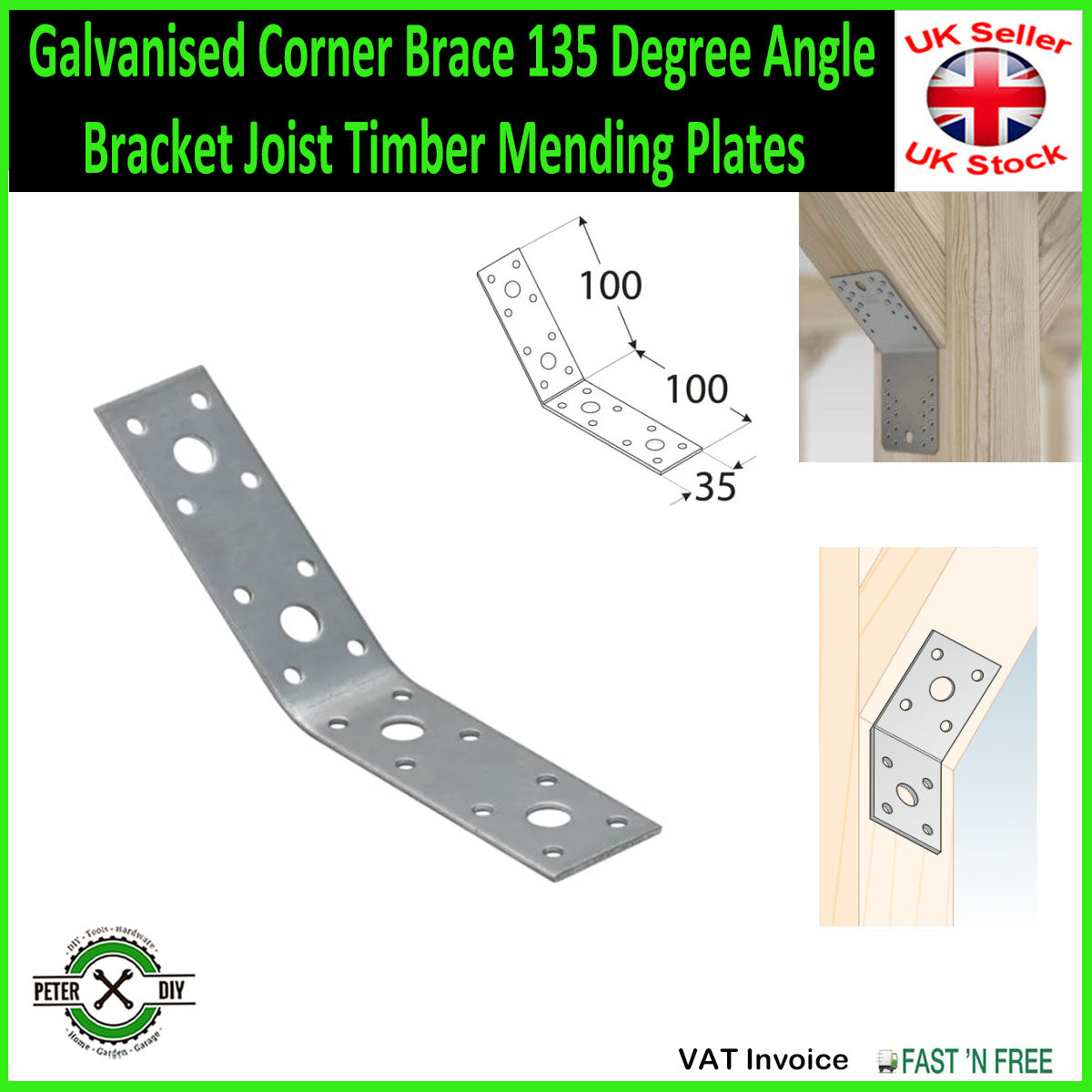 Galvanised Corner Brace 135 Degree Angle Bracket Joist Timber Mending Plates