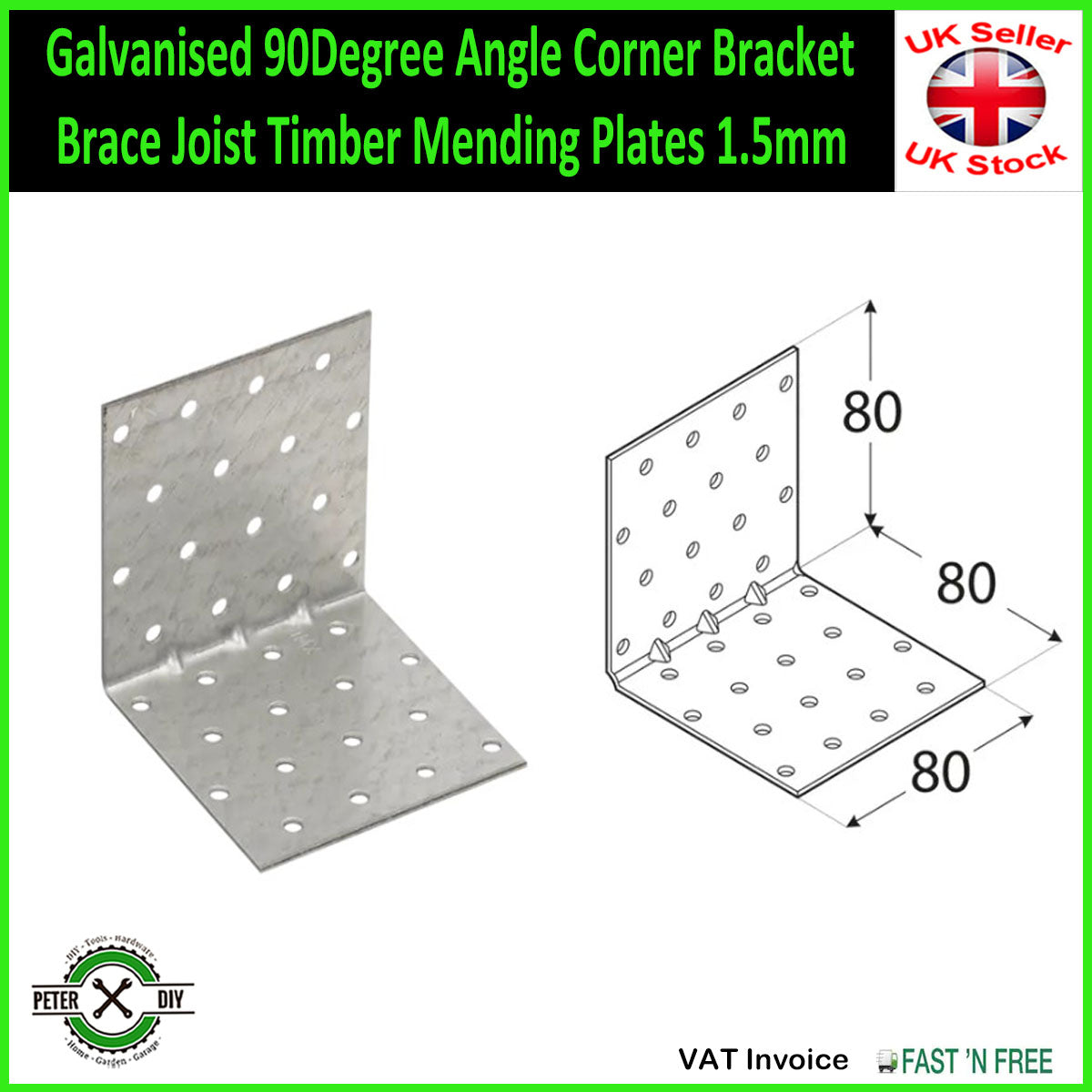 Galvanised 90Degree Angle Corner Bracket Brace Joist Timber Mending Plates 1.5mm