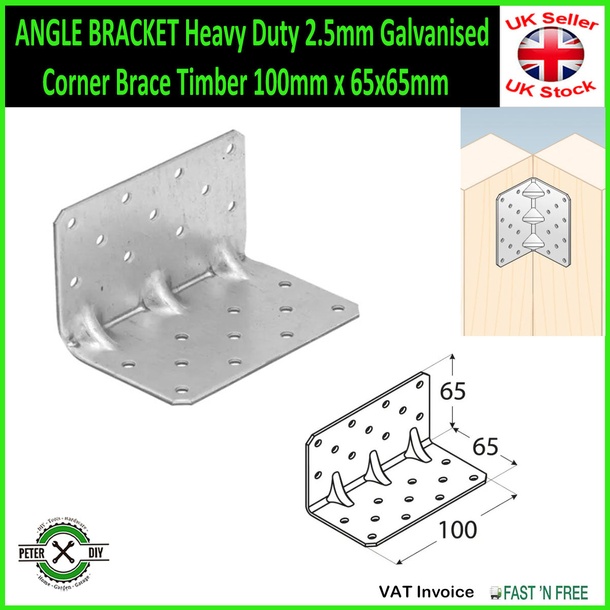 ANGLE BRACKET Heavy Duty 2.5mm Galvanised Corner Brace Timber 100mm x 65x65mm