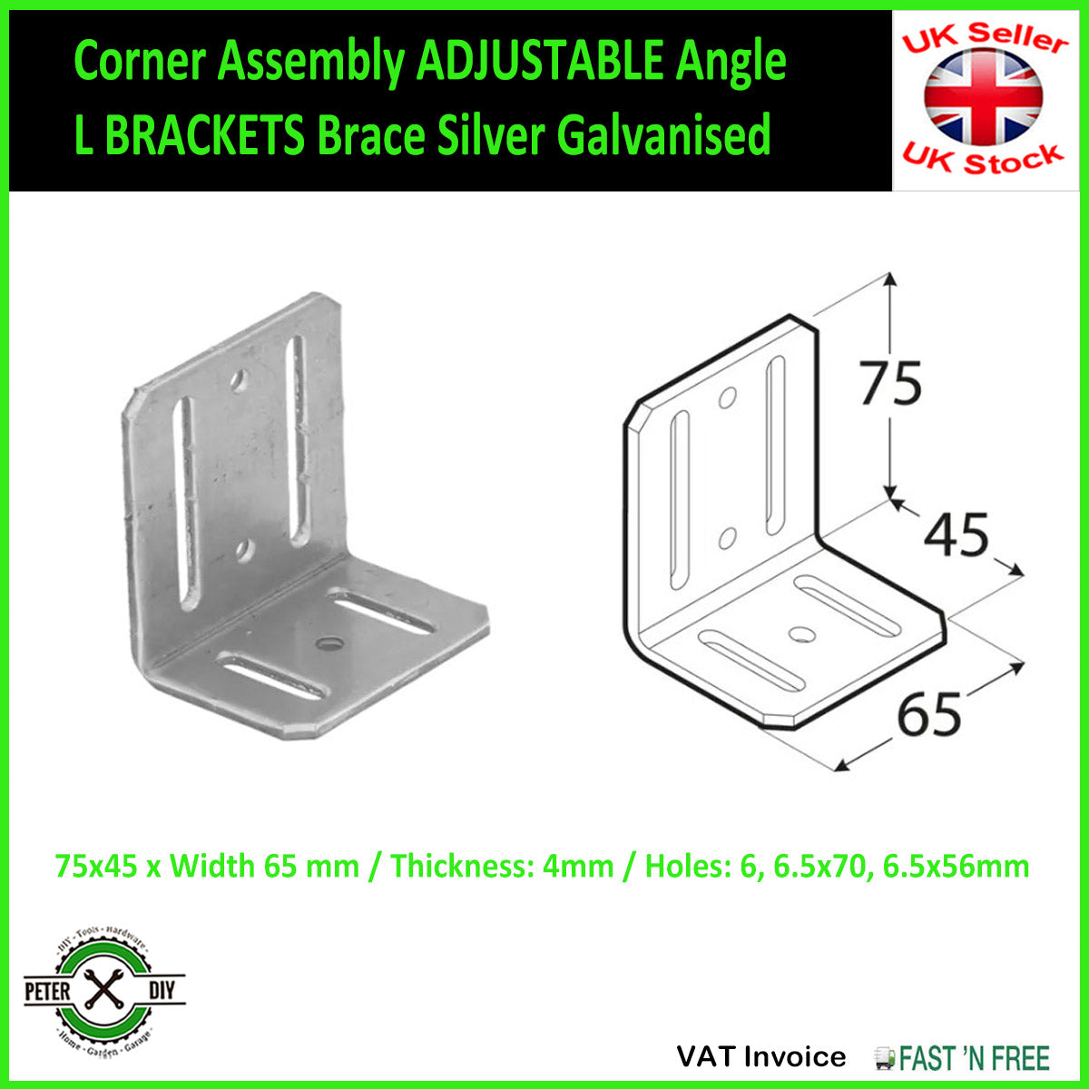 Corner Assembly ADJUSTABLE Angle L BRACKETS Brace YellowSilver Galvanised 4 Sizes