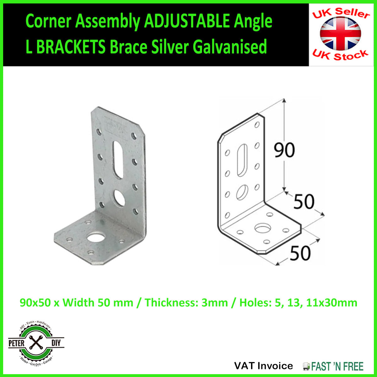 Corner Assembly ADJUSTABLE Angle L BRACKETS Brace YellowSilver Galvanised 4 Sizes