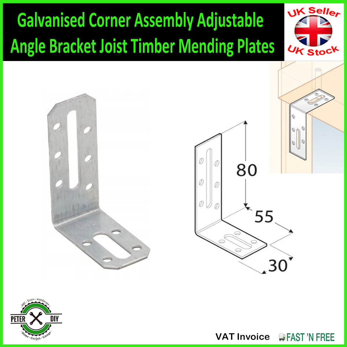 Galvanised Corner Assembly Adjustable Angle Bracket Joist Timber Mending Plates