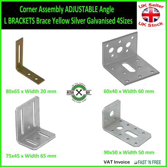 Corner Assembly ADJUSTABLE Angle L BRACKETS Brace YellowSilver Galvanised 4 Sizes