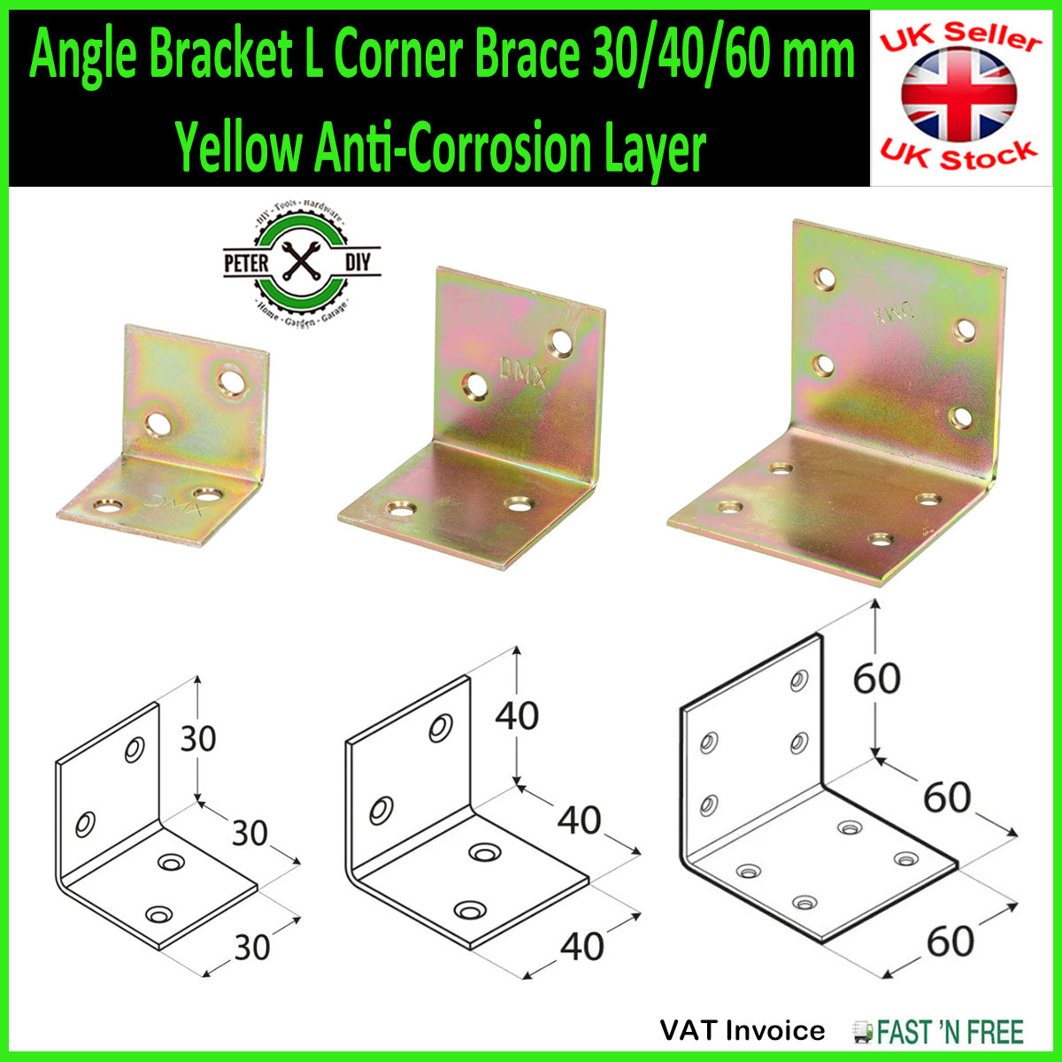 Angle Bracket L Corner Brace 30/40/60 mm Yellow Anti-Corrosion Layer