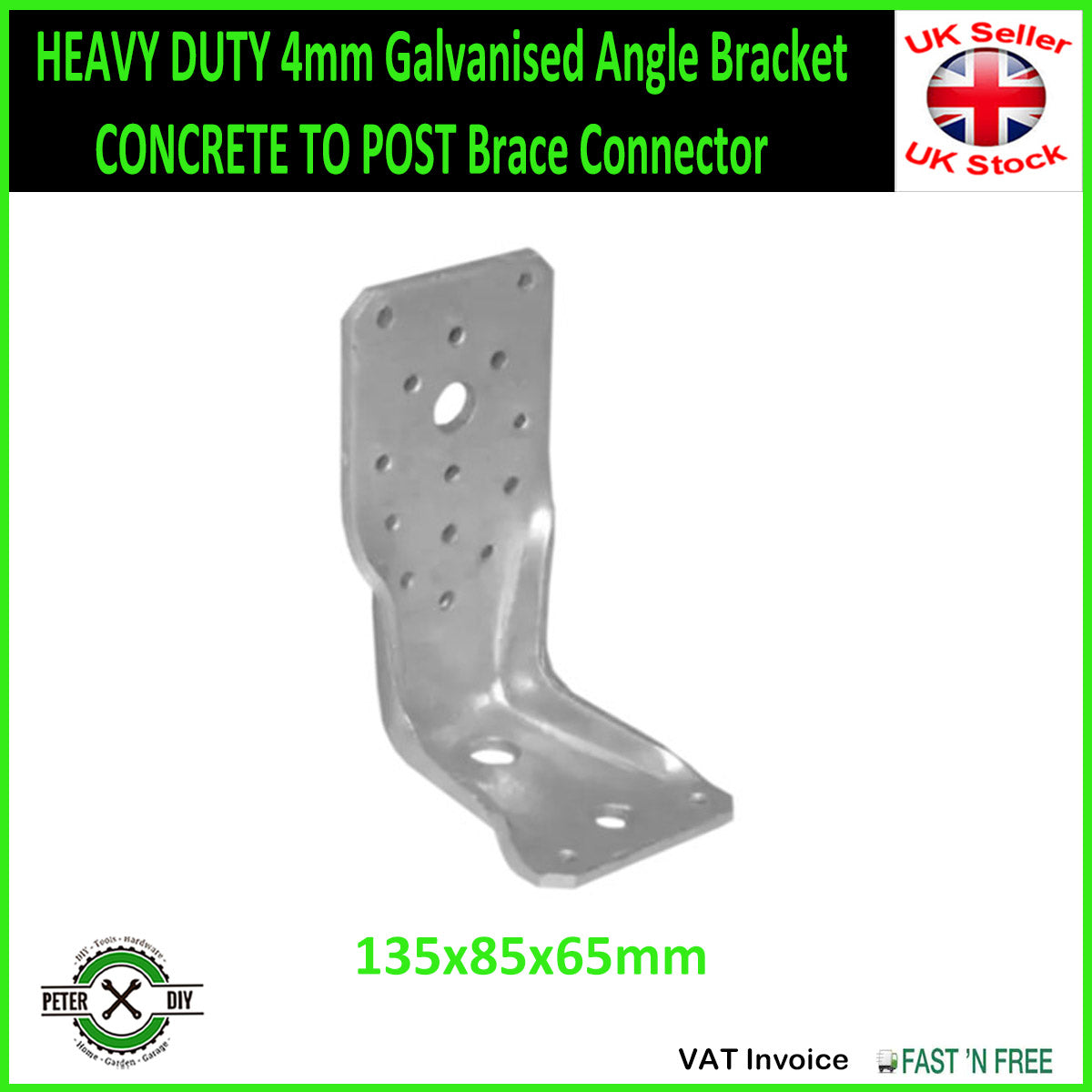 HEAVY DUTY 4mm Galvanised Angle Bracket CONCRETE TO POST Brace Connector