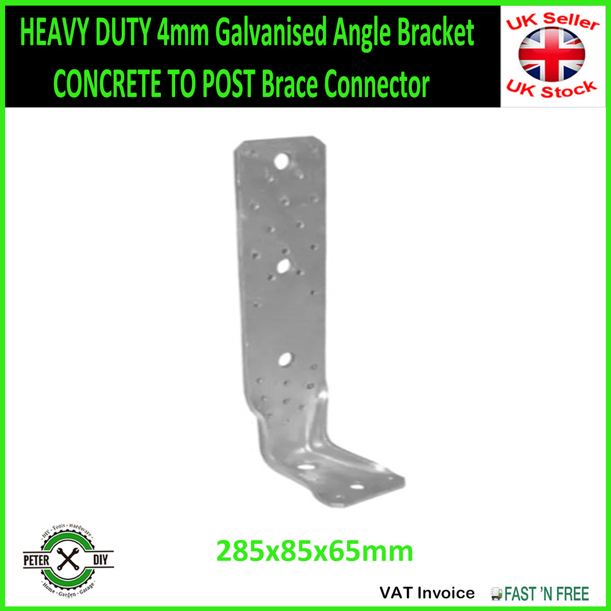 HEAVY DUTY 4mm Galvanised Angle Bracket CONCRETE TO POST Brace Connector