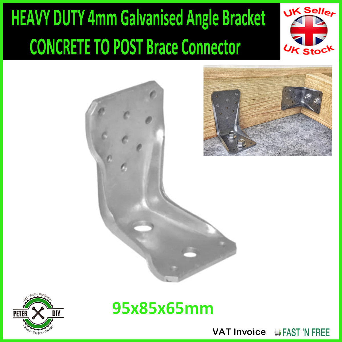 HEAVY DUTY 4mm Galvanised Angle Bracket CONCRETE TO POST Brace Connector